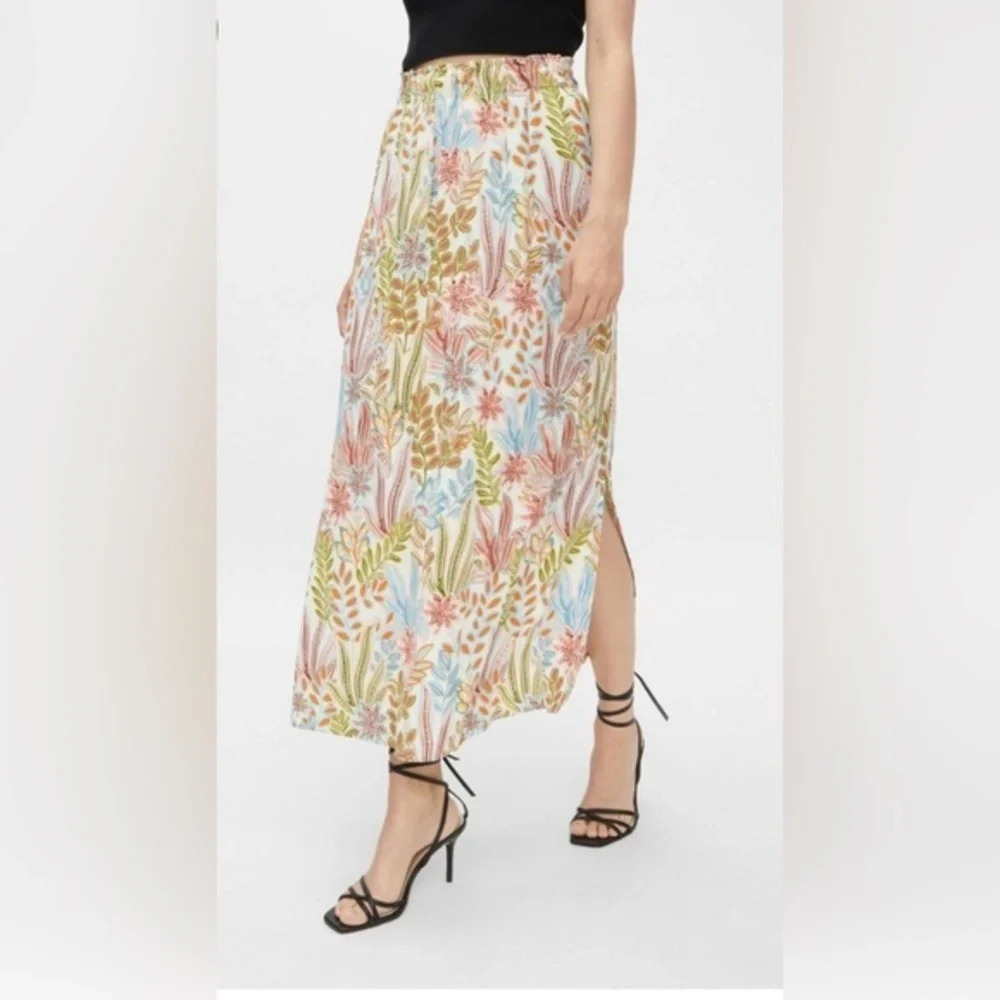 Boho Cottagecore Garden Resort Floral Print Midi Skirt S Multicolor Pockets Slit